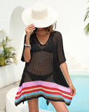 Deep V Plunge Sexy Sheer Cutout Woven Color Contrast Patchwork Beach Cover Up