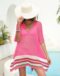 Deep V Plunge Sexy Sheer Cutout Woven Color Contrast Patchwork Beach Cover Up