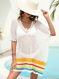 Deep V Plunge Sexy Sheer Cutout Woven Color Contrast Patchwork Beach Cover Up