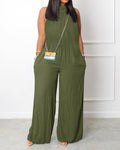 Casual Jumpsuits Fashion Flat Pocket  Asymmetrical Neck Sleeveless Wide Leg  Jumpsuit