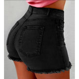 Denim Shorts High Waist Jeans Shorts Fringe Frayed Ripped With Pockets