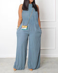 Casual Jumpsuits Fashion Flat Pocket  Asymmetrical Neck Sleeveless Wide Leg  Jumpsuit