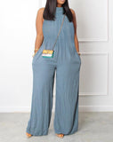 Casual Jumpsuits Fashion Flat Pocket  Asymmetrical Neck Sleeveless Wide Leg  Jumpsuit