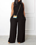 Casual Jumpsuits Fashion Flat Pocket  Asymmetrical Neck Sleeveless Wide Leg  Jumpsuit