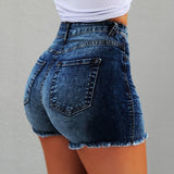 Denim Shorts High Waist Jeans Shorts Fringe Frayed Ripped With Pockets