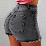 Denim Shorts High Waist Jeans Shorts Fringe Frayed Ripped With Pockets