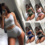 Two Piece Set Women Sleeveless Crop Tops Shorts Bodycon Solid Sports Casual 2Pcs Set