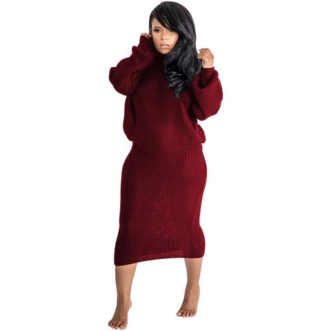 Winter Solid Sweater Knitted Two Piece Set Ribbed Dress Turtleneck Long Sleeve Loose Top Bodycon Midi Skirt Suits