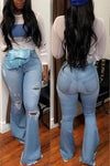 Distressed Flair Jeans Women Autumn Slim High Waist Stretch Holes Denim Wide Leg Pants Trousers Streetwear Jeans