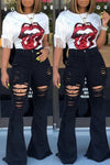 Distressed Flair Jeans Women Autumn Slim High Waist Stretch Holes Denim Wide Leg Pants Trousers Streetwear Jeans