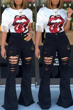 Distressed Flair Jeans Women Autumn Slim High Waist Stretch Holes Denim Wide Leg Pants Trousers Streetwear Jeans