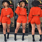 Red Women Knitted Sweater Two Piece Set Long Sleeve Loose Crop Top High Waist Shorts Autumn Winter Outfits