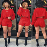 Red Women Knitted Sweater Two Piece Set Long Sleeve Loose Crop Top High Waist Shorts Autumn Winter Outfits