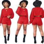 Red Women Knitted Sweater Two Piece Set Long Sleeve Loose Crop Top High Waist Shorts Autumn Winter Outfits