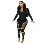 Mesh Patchwork Zipper Up Stripes Splicing  Long Sleeve Women Sexy Tracksuit overall