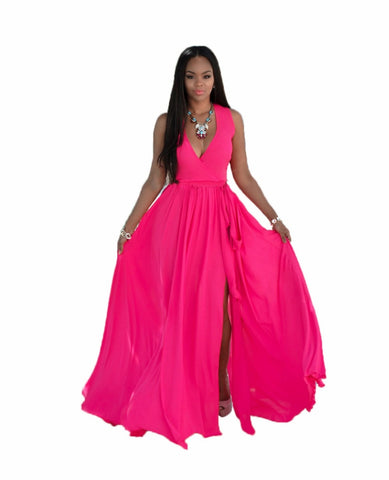 V Neck Chiffon Maxi Dress Women High Slit With Belt Long Dresses Plus Size  3 Colors