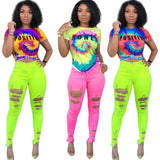 Size S-3XL Letter Tie Dye Print Women's T-shirt O Neck Short Sleeve Slim Casual Summer Top