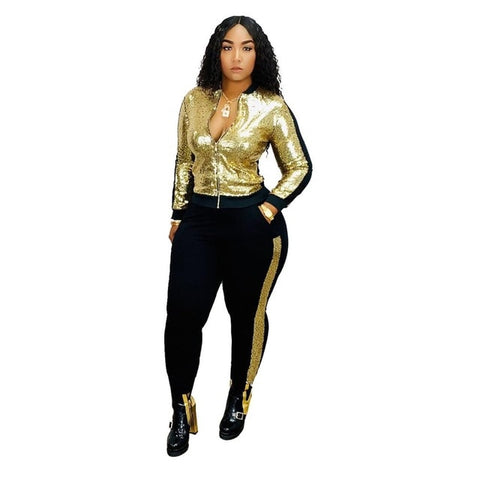 Sequins Patchwork Fashion Two Piece Set Zipper Long Sleeve Jacket Top Pockets Casual Pants Female Tracksuit