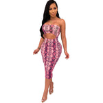 Snake Print Strapless Bodycon Dress Casual Backless Hollow Out Night Party Dress