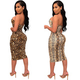 Snake Print Strapless Bodycon Dress Casual Backless Hollow Out Night Party Dress