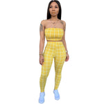 strapless croptops skinny pants two pieces lady sets plaid pattern sleeveless casual suits summer hollow out suits