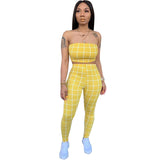 strapless croptops skinny pants two pieces lady sets plaid pattern sleeveless casual suits summer hollow out suits