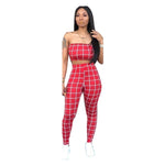 strapless croptops skinny pants two pieces lady sets plaid pattern sleeveless casual suits summer hollow out suits