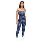 strapless croptops skinny pants two pieces lady sets plaid pattern sleeveless casual suits summer hollow out suits