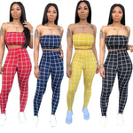 strapless croptops skinny pants two pieces lady sets plaid pattern sleeveless casual suits summer hollow out suits