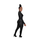 Black Leopard Print Long Sleeve O Neck Bodycon Jumpsuit Women Sexy Night Party Club Rompers Streetwear Outfit Overalls