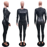 Black Leopard Print Long Sleeve O Neck Bodycon Jumpsuit Women Sexy Night Party Club Rompers Streetwear Outfit Overalls