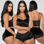 Women 2 pieces Velvet Sleepwear Sexy Spaghetti Strap Velvet Shorts Pajamas Set