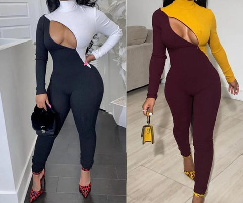 Zip Cut Out Bodycon Jumpsuit Rave Festival Turtleneck Body One Piece Club Outfit Long Sleeve Rompers Women Jumpsuit