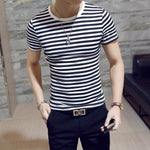 Stripe T-shirt Men Fashion O-neck Short Sleeve Men Clothing Slim Fit Top Tees