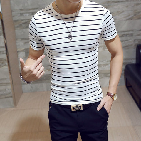 Stripe T-shirt Men Fashion O-neck Short Sleeve Men Clothing Slim Fit Top Tees