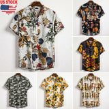 Men Linen Short Sleeve Shirt Summer Floral Loose Baggy Casual