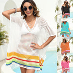 Deep V Plunge Sexy Sheer Cutout Woven Color Contrast Patchwork Beach Cover Up