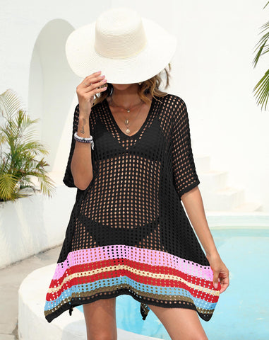 Deep V Plunge Sexy Sheer Cutout Woven Color Contrast Patchwork Beach Cover Up