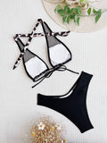 Stitching Swimsuit Lace Up Swimwear Leopard Print Mesh Bikini