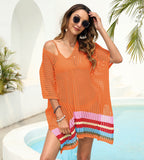 Deep V Plunge Sexy Sheer Cutout Woven Color Contrast Patchwork Beach Cover Up