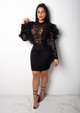 Ruffle Sheer Lace Patchwork  Perspective Knee-Length Bodycon Dress O Neck Long Sleeve Empire Sheath Mini Female Club Outfit