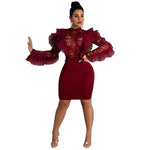 Ruffle Sheer Lace Patchwork  Perspective Knee-Length Bodycon Dress O Neck Long Sleeve Empire Sheath Mini Female Club Outfit