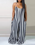 Women's Summer Jumpsuits Elegant Fashion Oversized Striped Pattern Spaghetti Strap Casual Wide Leg.