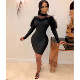 Sexy Sheer Mesh Patchwork Feather Evening Party Club Bodycon Mini Dress Solid Mock Neck Long Sleeve Dresses