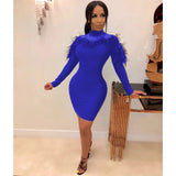 Sexy Sheer Mesh Patchwork Feather Evening Party Club Bodycon Mini Dress Solid Mock Neck Long Sleeve Dresses