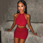 Glitter Sexy Clubwear  Backless Sleeveless Party 2 Piece Outfits Halter Top And Skirt Set Hot