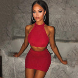 Glitter Sexy Clubwear  Backless Sleeveless Party 2 Piece Outfits Halter Top And Skirt Set Hot