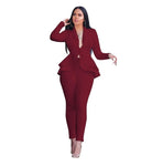 Blazer Two Piece Set Casual Full Sleeve V Neck Ruffles Blazers Jacket Coat Pencil Pants