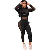 Women Soprt Two Piece Set Casual Letter Print Sheer Mesh Long Sleeve T Shirt Tops Sweatshirt Loose Pants Suit Outfit Tracksuit