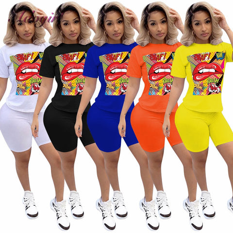 Women Sport Tracksuit Two Piece Set Summer Letter Print Short Sleeve Crop Top T-Shirt Pants Suit